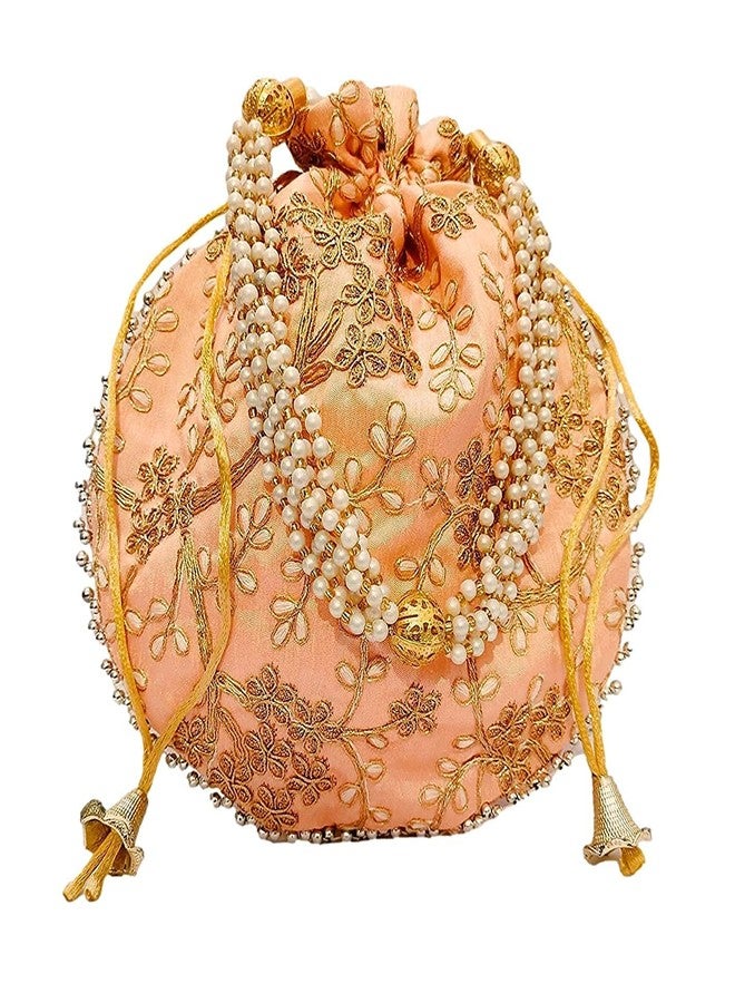 Atipriya Rajasthani Style Royal Clutch Silk Batwa Bag Wristlets Ethnic Potli For Women's Zari Work Potli Bridal Potli(golden) - Image 1
